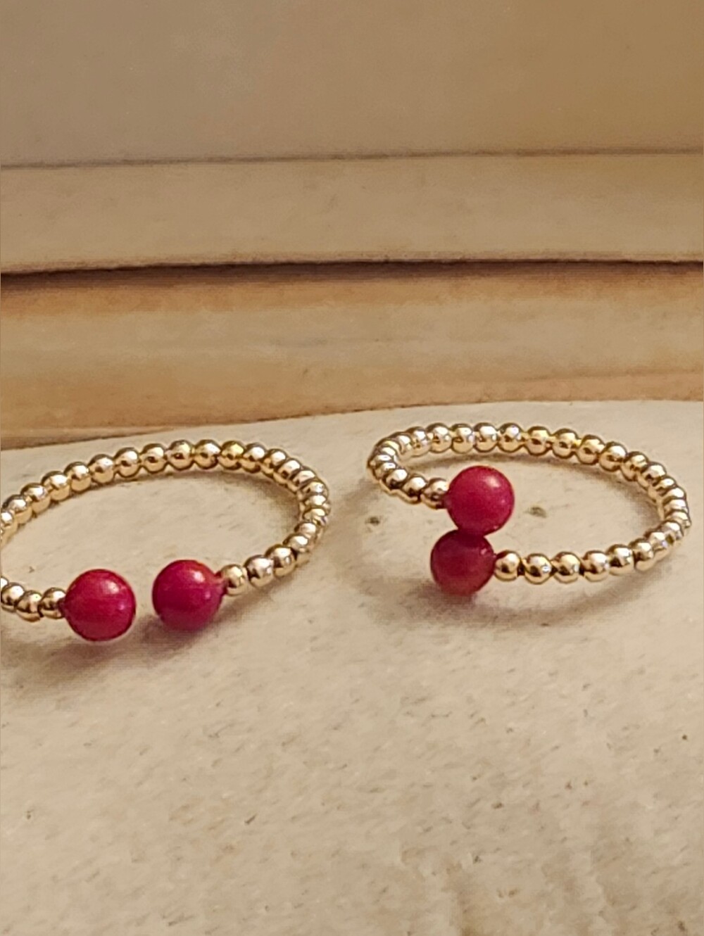 14kt Gold Beaded Ring with Red Accent Beads